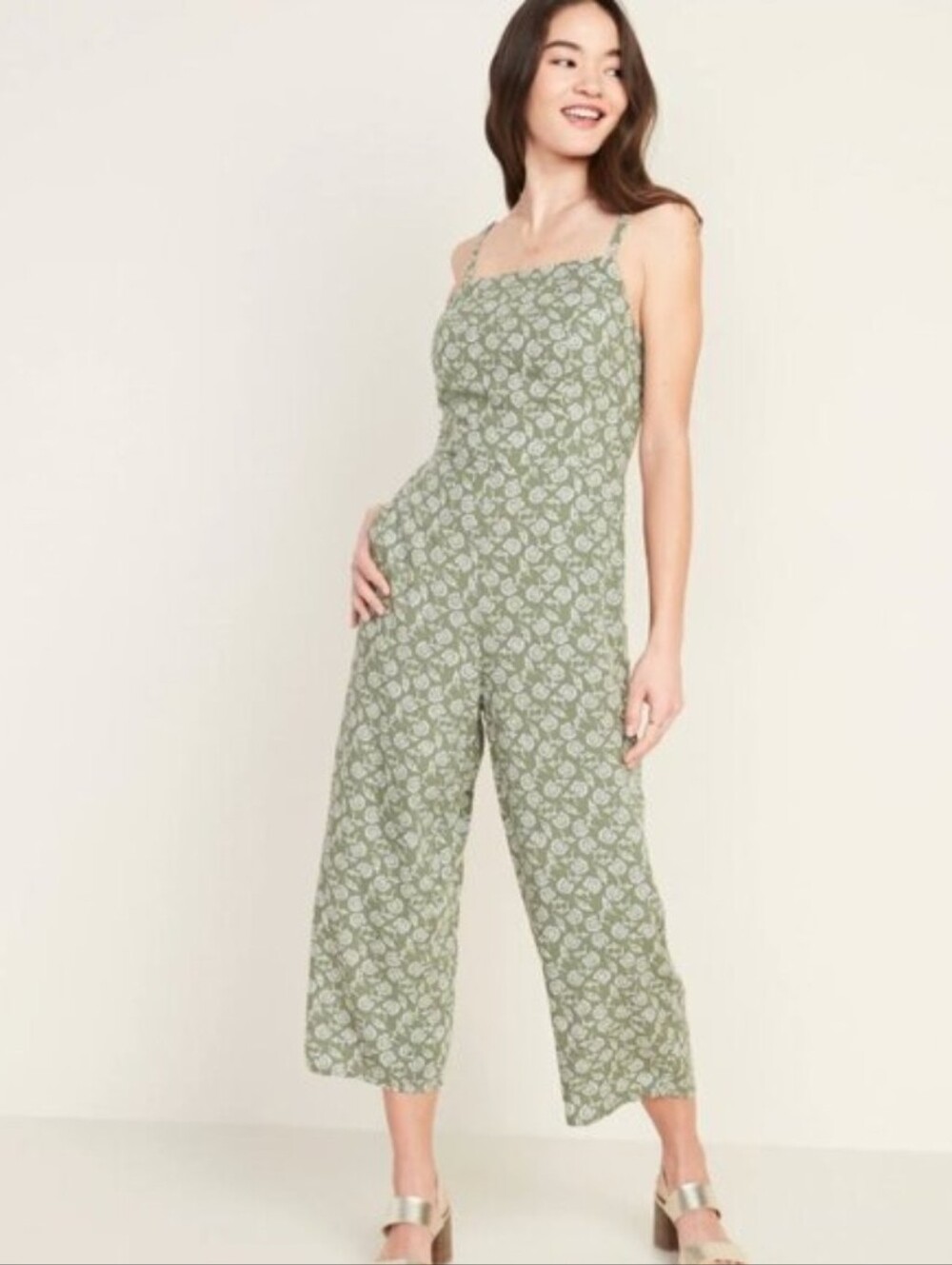 Old Navy Green Olive Floral Square-Neck Smocked Cami Jumpsuit Size Large